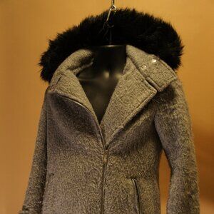 Grey Fashion Shaggy Coat with Zipper and BIG black Fur lined Hood